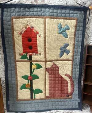 Handmade Folk Art Applique Wall Hanging Quilt Birdhouse Cat Birds